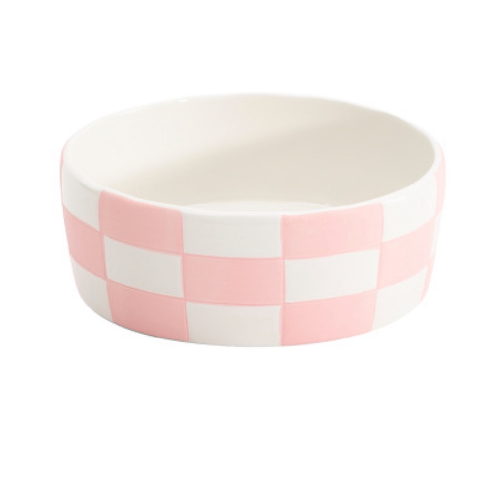 8in pink checkered ceramic pet bowl